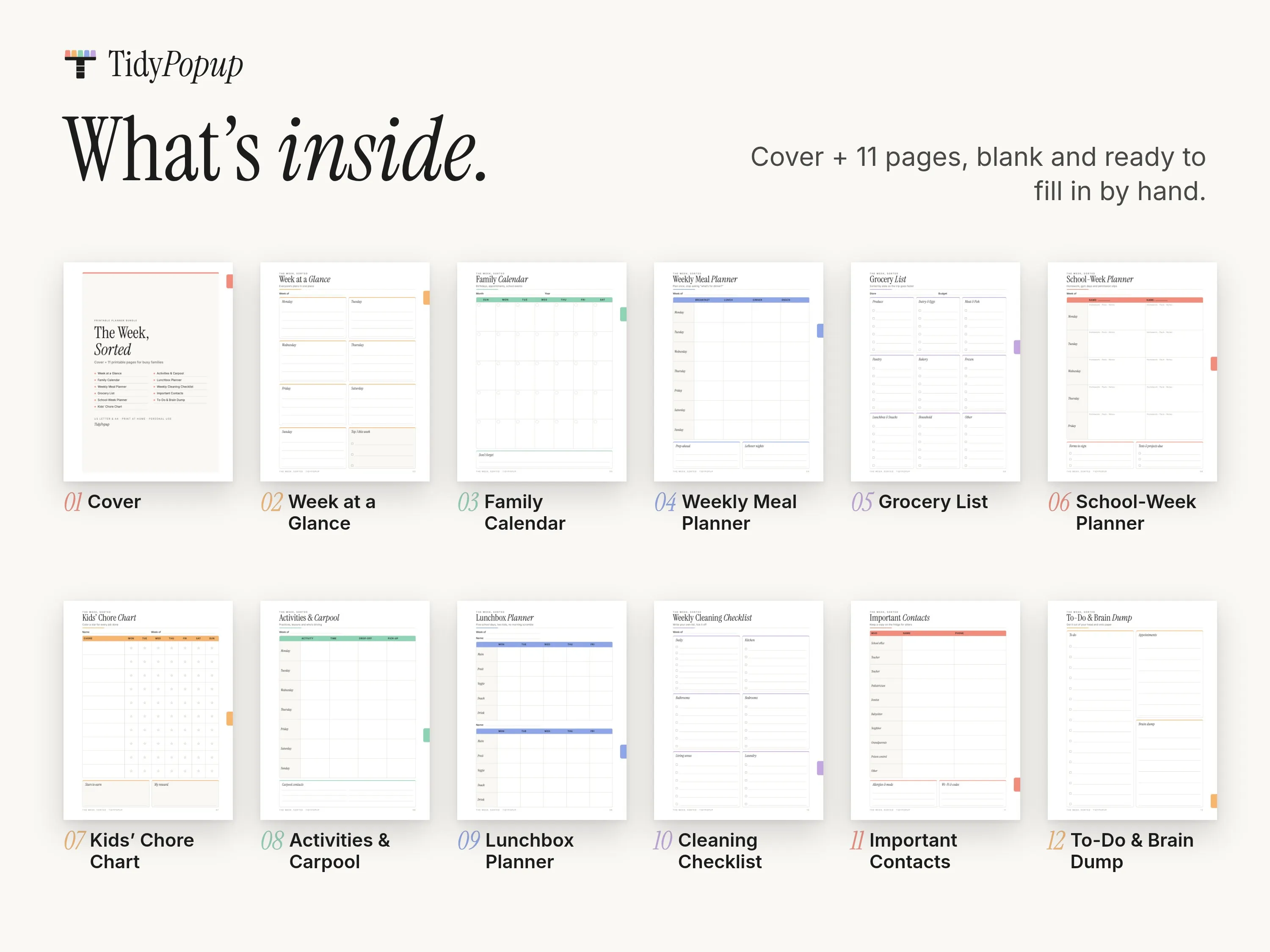 What’s inside: thumbnails of all 12 pages, from the cover and Week at a Glance through to the To-Do & Brain Dump page