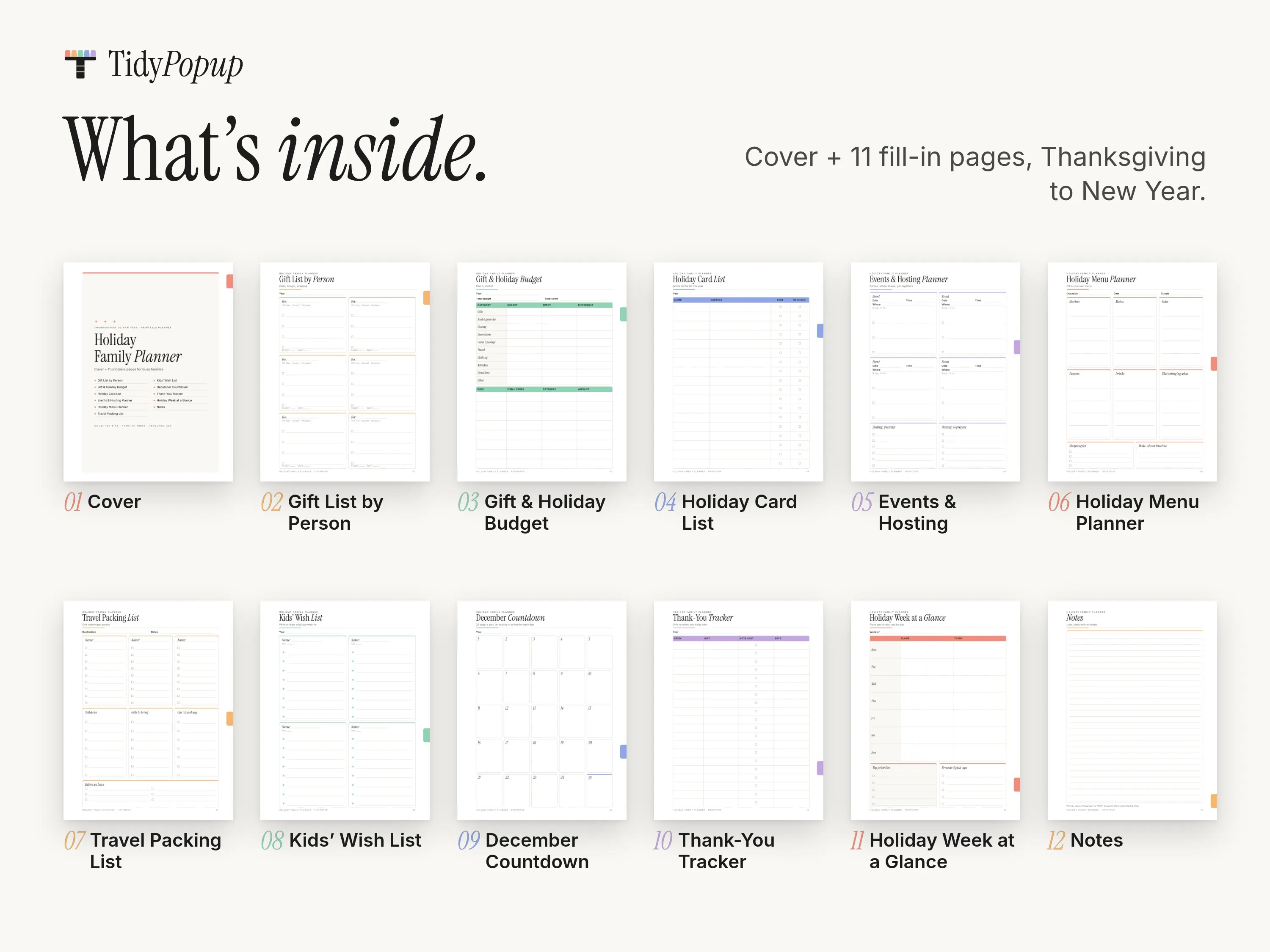What’s inside: thumbnails of all 12 pages, from the cover and Gift List by Person through to the Notes page