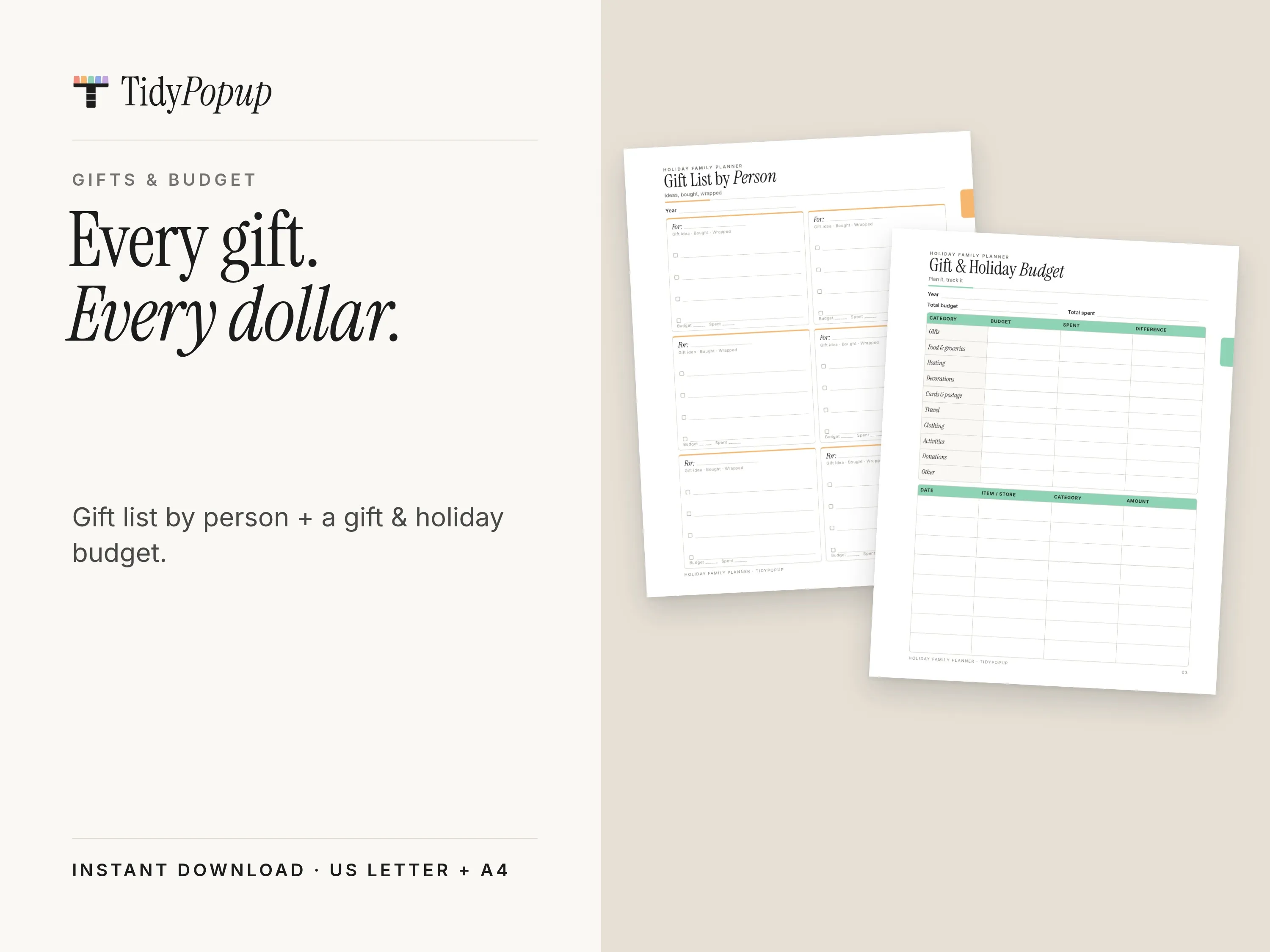 Gift List by Person and Gift & Holiday Budget pages, captioned “Every gift. Every dollar.”